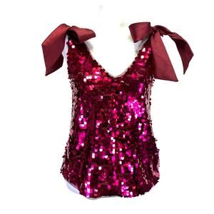 MAEVE Anthropologie Pink Sequin Bow Strap Tank Womens XS Holidays Sparkle Glam